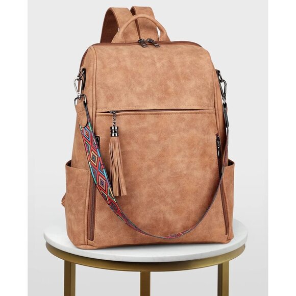 Women Camel Brown Suede Style Backpack Designer 15.6 inch PU Leather Laptop Bag - Picture 8 of 9